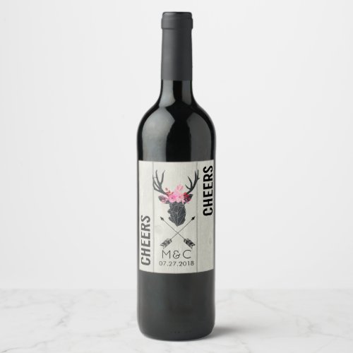 Geometric Deer Head w Floral Crown on Fake Wood Wine Label