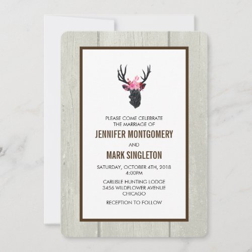 Geometric Deer Head w Floral Crown Rustic Wedding Invitation