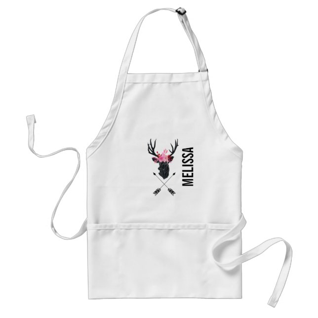 Geometric Deer Head w/ Flowers and Crossed Arrows Adult Apron (Front)