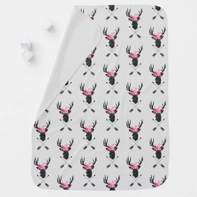 Geometric Deer Head w/ Flowers and Crossed Arrows Baby Blanket (In Situ)