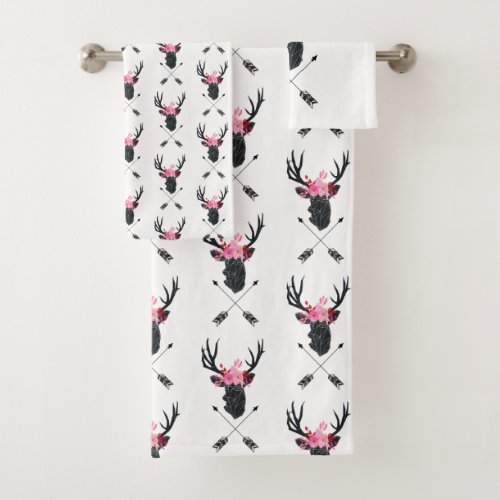 Geometric Deer Head w Flowers and Crossed Arrows Bath Towel Set