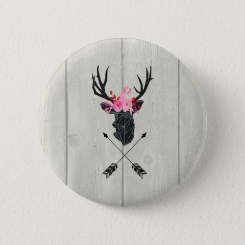 Geometric Deer Head w Flowers and Crossed Arrows Button