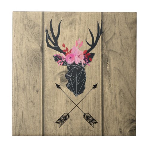 Geometric Deer Head w Flowers and Crossed Arrows Ceramic Tile