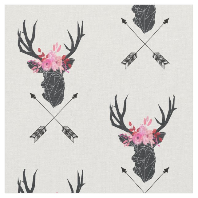 Geometric Deer Head w/ Flowers and Crossed Arrows Fabric (Close Up)