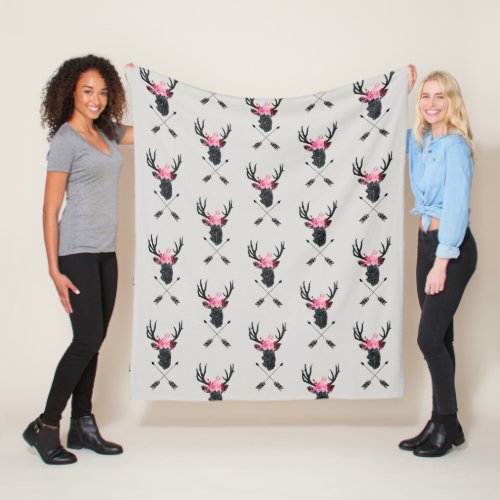 Geometric Deer Head w Flowers and Crossed Arrows Fleece Blanket