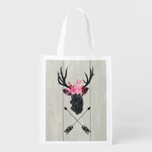 Geometric Deer Head w Flowers and Crossed Arrows Grocery Bag