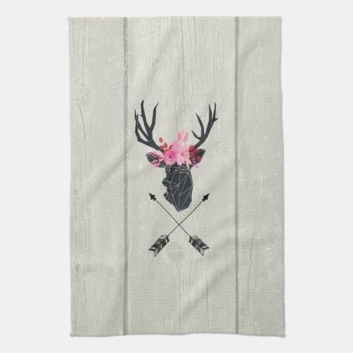 Geometric Deer Head w Flowers and Crossed Arrows Kitchen Towel
