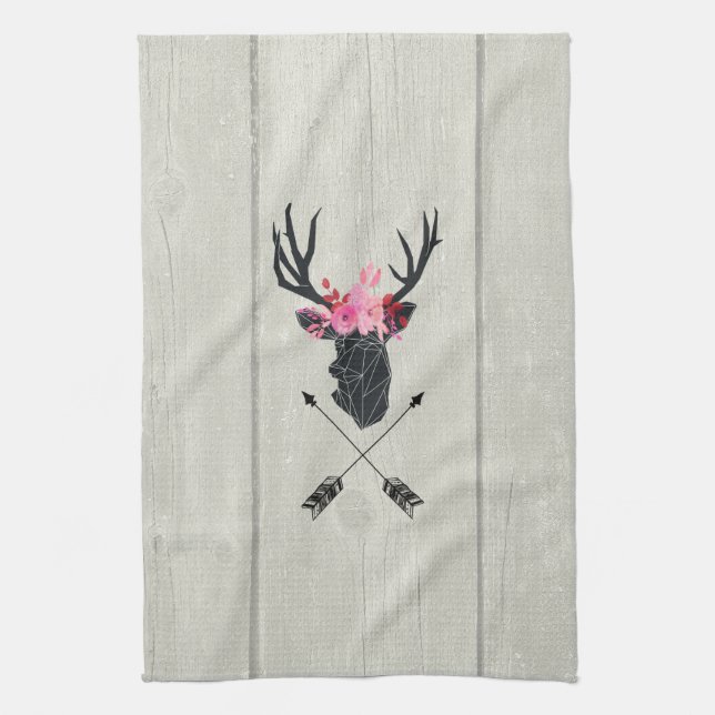Geometric Deer Head w/ Flowers and Crossed Arrows Kitchen Towel (Vertical)