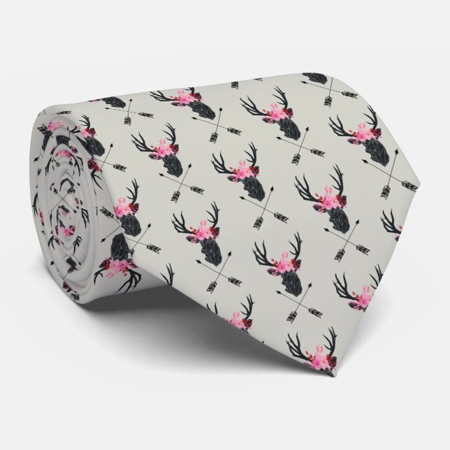 Geometric Deer Head w/ Flowers and Crossed Arrows Neck Tie (Rolled)