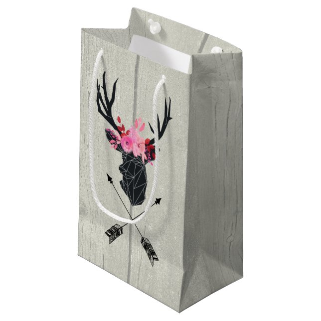 Geometric Deer Head w/ Flowers and Crossed Arrows Small Gift Bag (Front Angled)