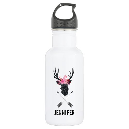 Geometric Deer Head w Flowers and Crossed Arrows Stainless Steel Water Bottle