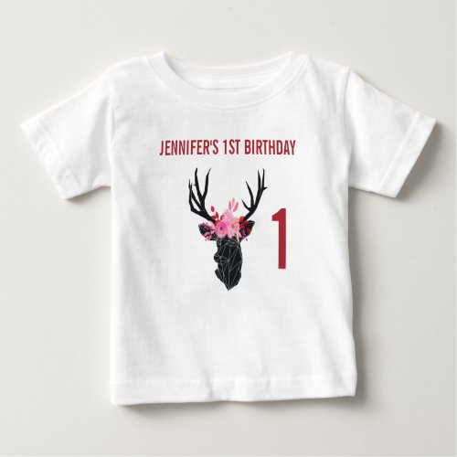 Geometric Deer Head with  Floral Crown Birthday Baby T_Shirt