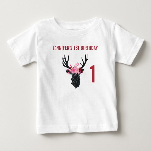 Geometric Deer Head with  Floral Crown Birthday Baby T-Shirt (Front)