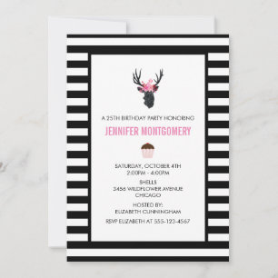 Geometric Deer Head with Floral Crown Birthday Invitation