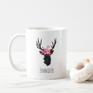 Geometric Deer Head with Floral Crown Coffee Mug