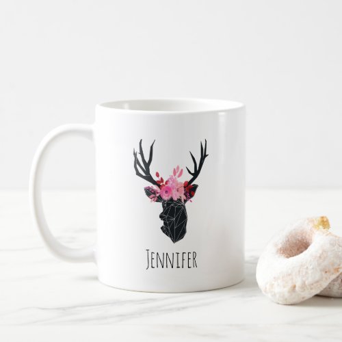 Geometric Deer Head with  Floral Crown Coffee Mug