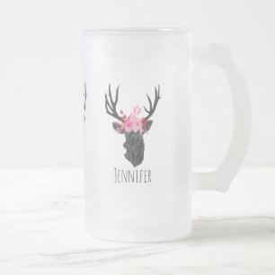 Geometric Deer Head with Floral Crown Frosted Glass Beer Mug
