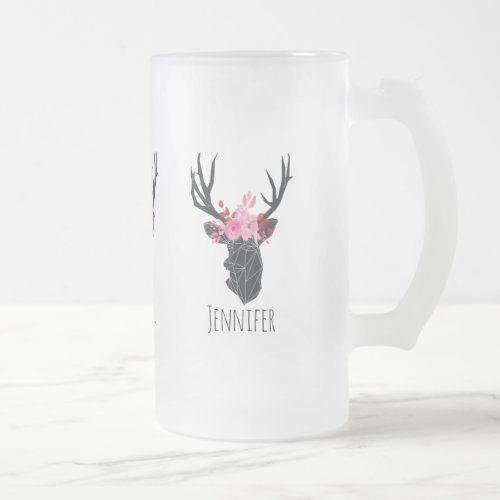 Geometric Deer Head with  Floral Crown Frosted Glass Beer Mug