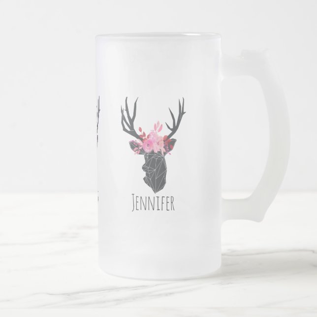 Geometric Deer Head with  Floral Crown Frosted Glass Beer Mug (Right)