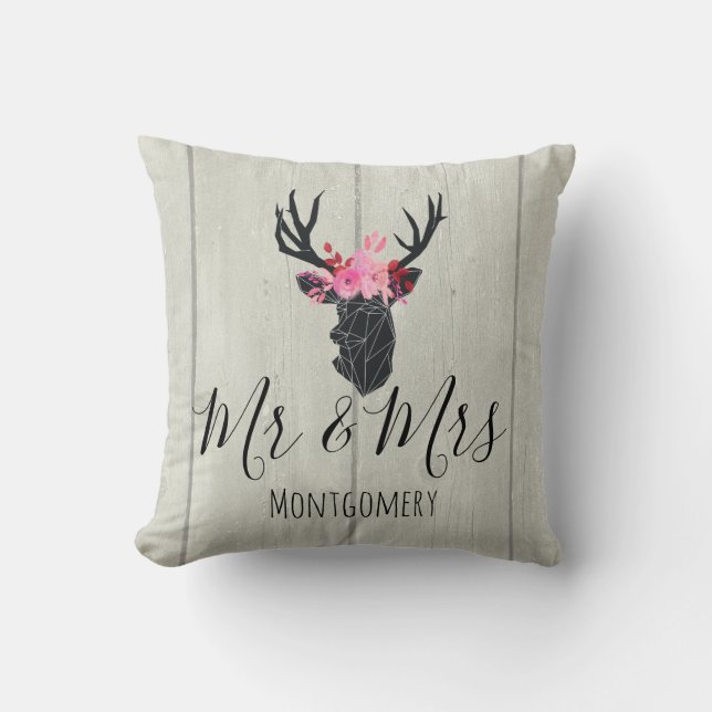 Geometric Deer Head with Floral Crown Mr & Mrs Throw Pillow (Front)