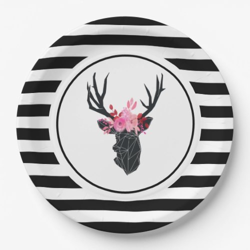 Geometric Deer Head with Floral Crown Paper Plates