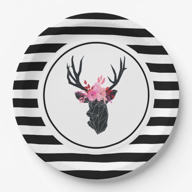 Geometric Deer Head with Floral Crown Paper Plates (Front)