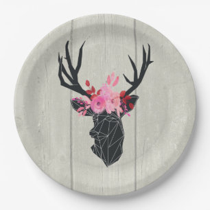 Geometric Deer Head with Floral Crown Paper Plates
