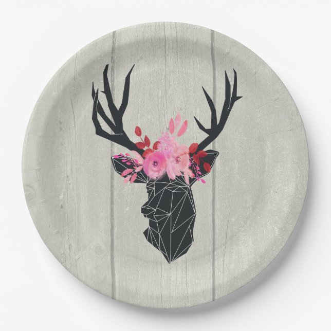 Geometric Deer Head with Floral Crown Paper Plates (Front)