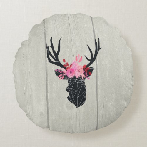 Geometric Deer Head with Floral Crown Round Pillow