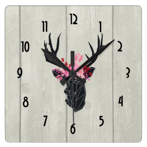 Geometric Deer Head with  Floral Crown Square Wall Clock
