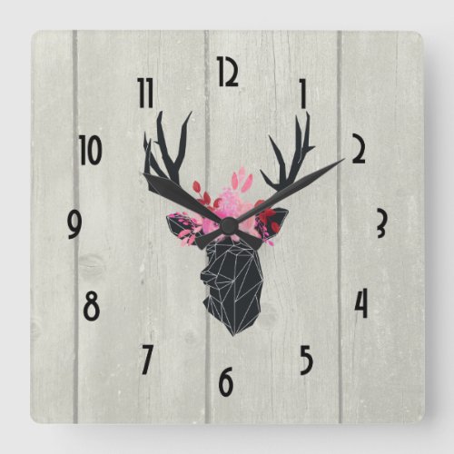 Geometric Deer Head with  Floral Crown Square Wall Clock