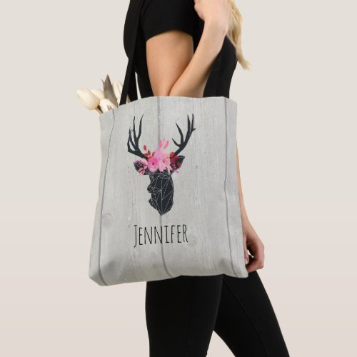 Geometric Deer Head with  Floral Crown Tote Bag