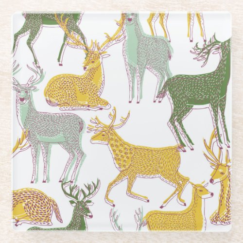 Geometric Deers Traditional Pattern Illustration Glass Coaster