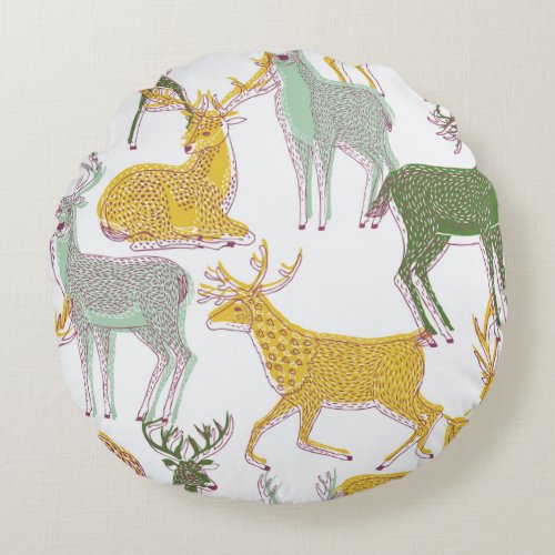 Geometric Deers Traditional Pattern Illustration Round Pillow