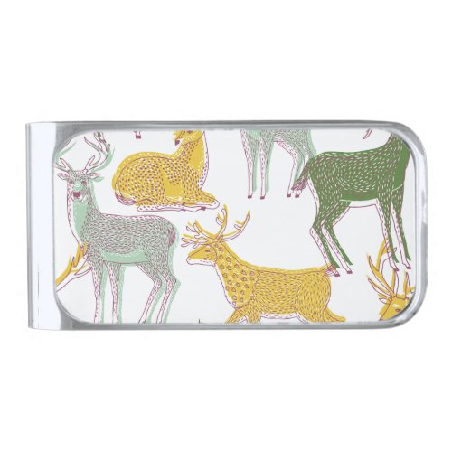 Geometric Deers Traditional Pattern Illustration Silver Finish Money Clip