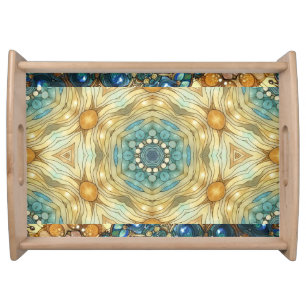geometric design blue brown gold  serving tray