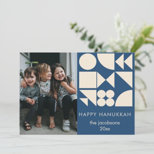 Geometric Design in Blue Photo Hanukkah Holiday Card