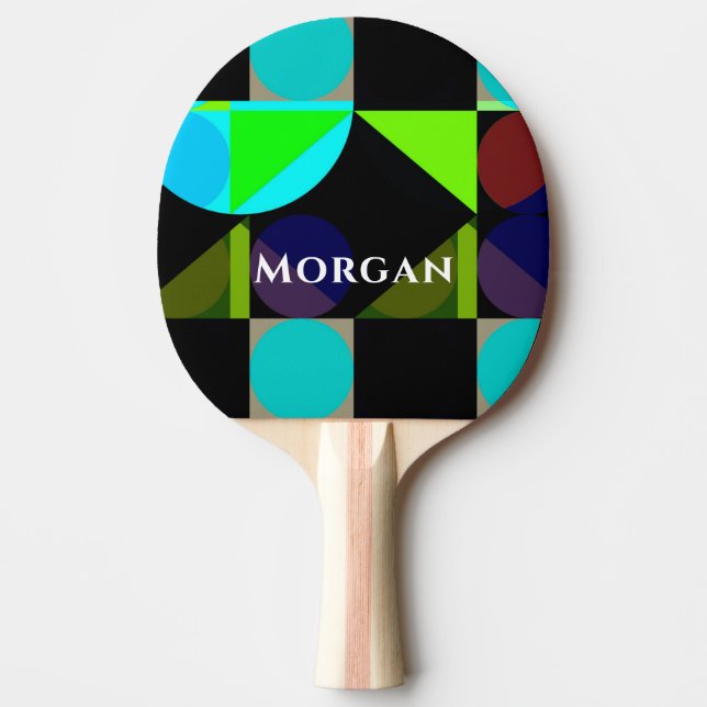 Geometric Design, Name, Blue Black Teal Green Ping Pong Paddle (Front)