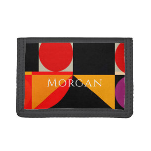 Geometric Design, Name, Red, Black, Orange Purple Trifold Wallet