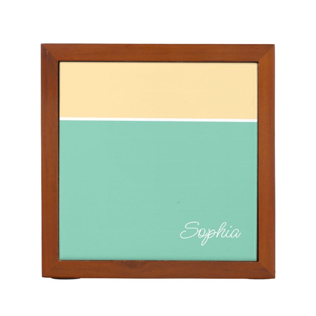 Geometric Design, Pale Yellow & Teal, Script Name Desk Organizer (Front)