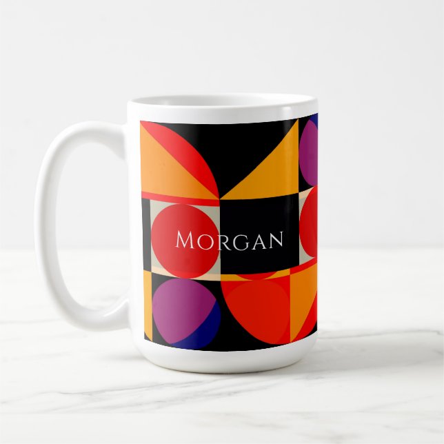 Geometric Design, Red Orange Purple Black, Name Coffee Mug (Left)