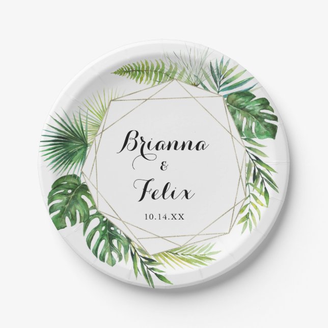 Geometric Destination Tropical Green Wedding Cake Paper Plates (Front)