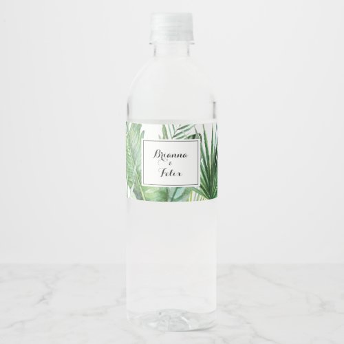 Geometric Destination Tropical Greenery Wedding Water Bottle Label
