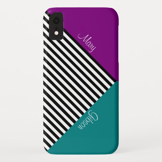 Geometric Diagonal Purple Teal Black White Striped Case-Mate iPhone Case (Back)