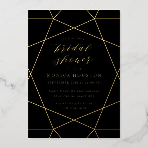 Geometric Diamond Elegant Black Bridal Shower Gold Foil Invitation