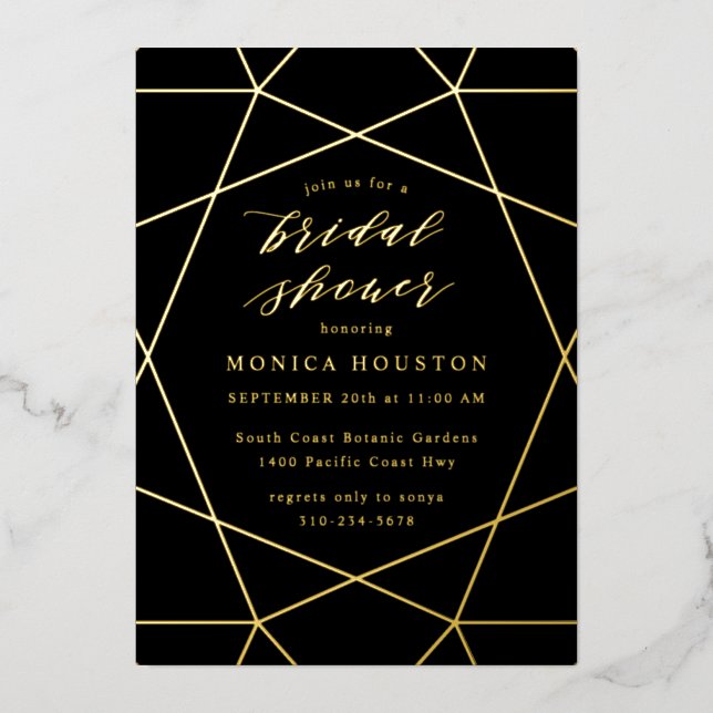 Geometric Diamond Elegant Black Bridal Shower Gold Foil Invitation (Front)