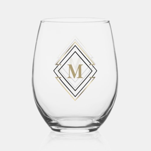 Geometric Diamond Frame Monogram BlackGold ID617 Stemless Wine Glass