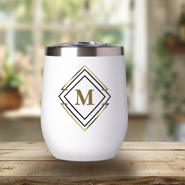 Geometric Diamond Frame Monogram Black/Gold ID617 Thermal Wine Tumbler (Creator Uploaded)