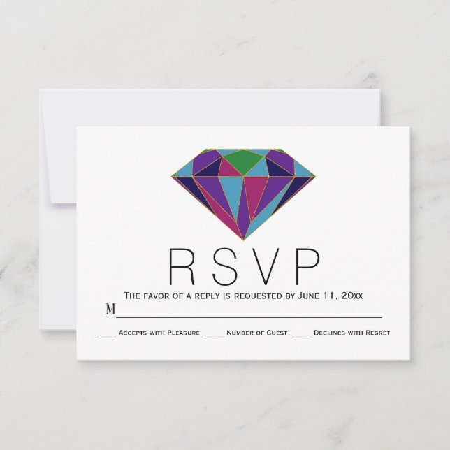 Geometric diamond jewel tones wedding RSVP card (Front)