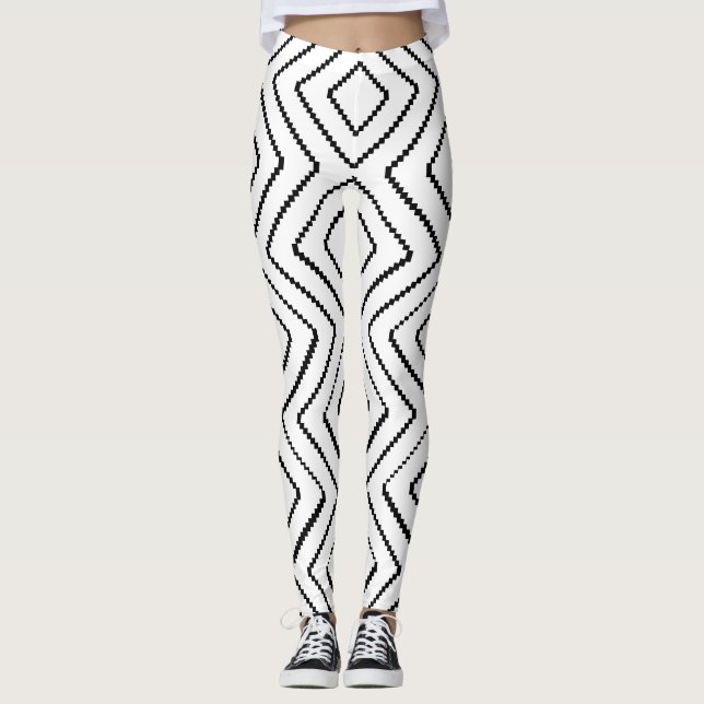 Geometric Diamond Pattern Black and White Design Leggings (Front)